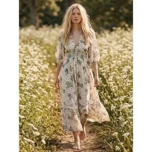 green emerald velvet dress Diane Floral Embroidered Openwork Midi Dress XL / White main image 1